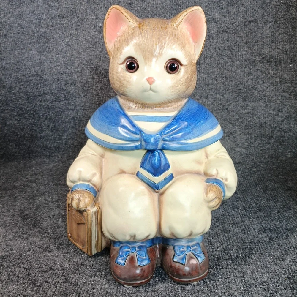 Vintage Cat Cookie Jar Ceramic Sailor Kitten Blue White Anthropomorphic Japan